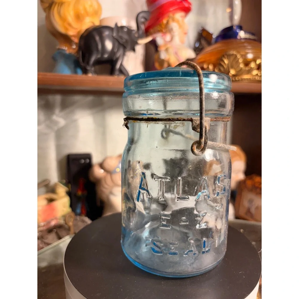 Vintage Atlas E-Z Seal Aqua Blue Glass Canning Jar with Lid and Wire Bail